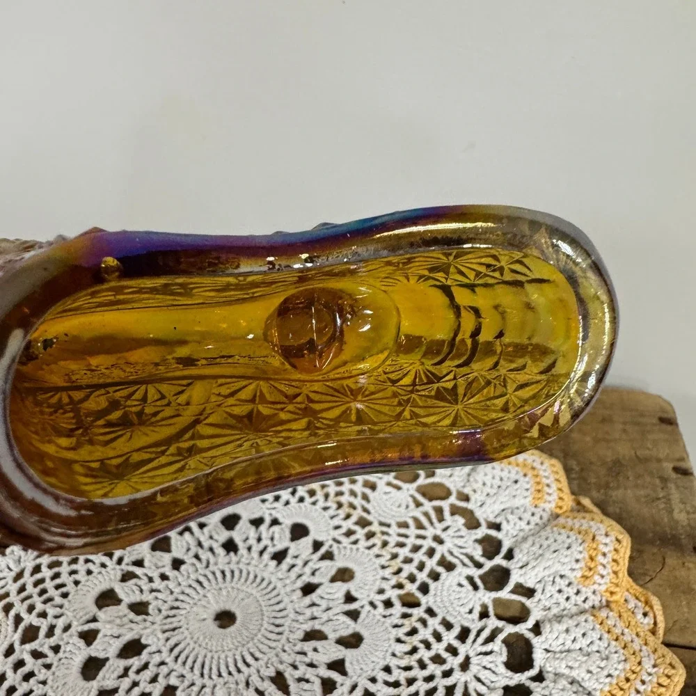 Vintage Amber Carnival Glass Slipper Daisy and Button Iridescent Boot Figurine